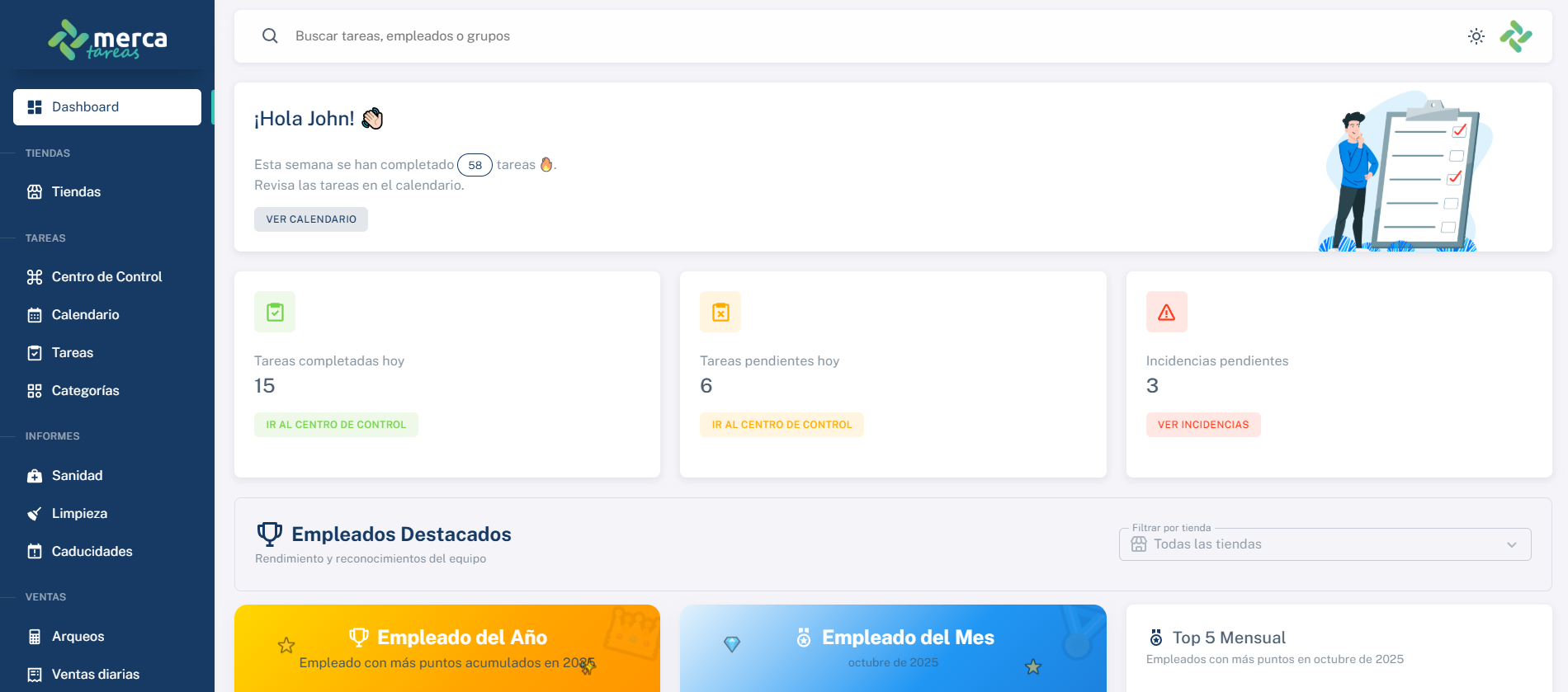 Panel de control de MercaTareas mostrando gestión de tareas, empleados y reportes en tiempo real para supermercados